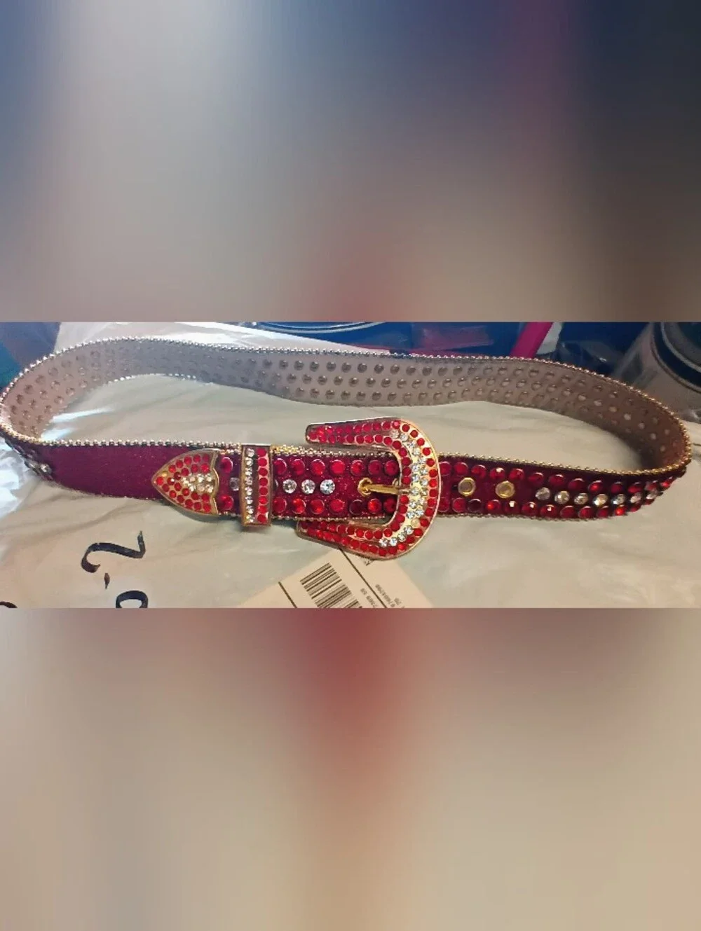DNA - Belt RUBY Red FAUX Alligator Skin. Ruby Red And Clear Rhinestone Buckle